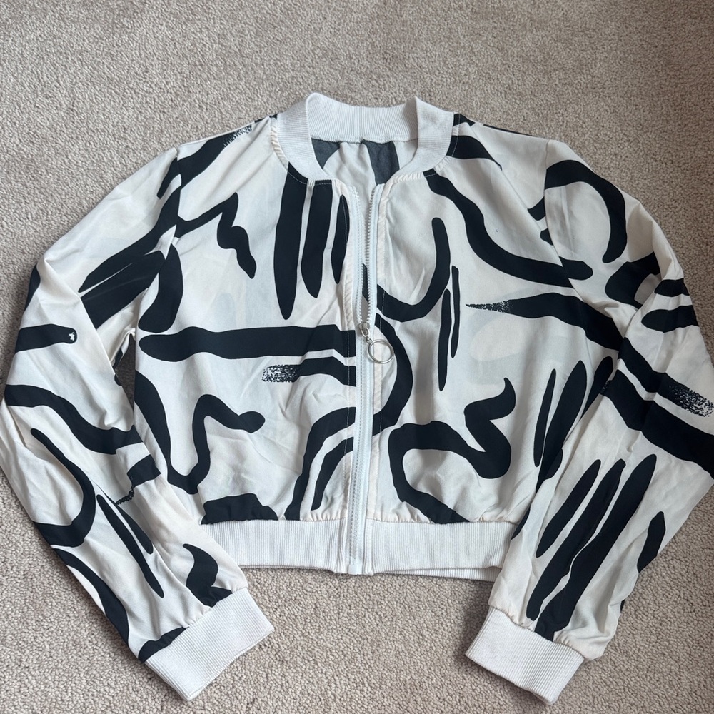 Black & White Abstract Zip Bomber Jacket - Women's